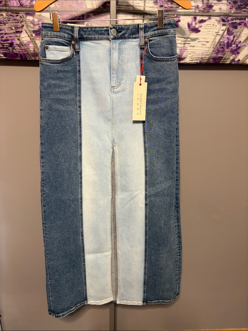 Alice + Olivia Two-Tone Blue Panel Straight Jean Skirt Front Split Size 27 Nwt